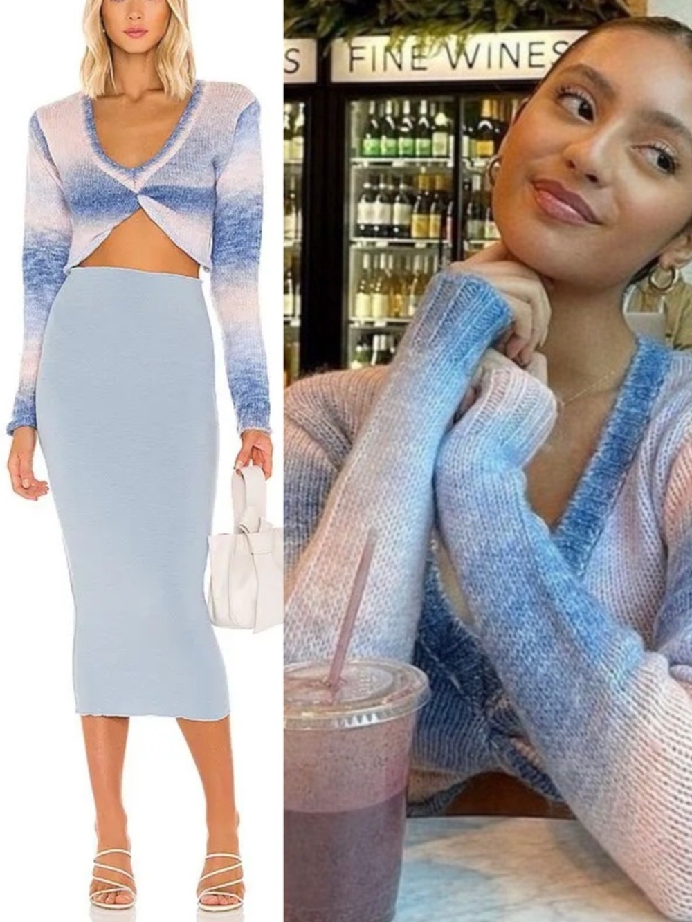 For Love and Lemons Celeste Twist Front Crop Sweater in Blue and Pink Ombré